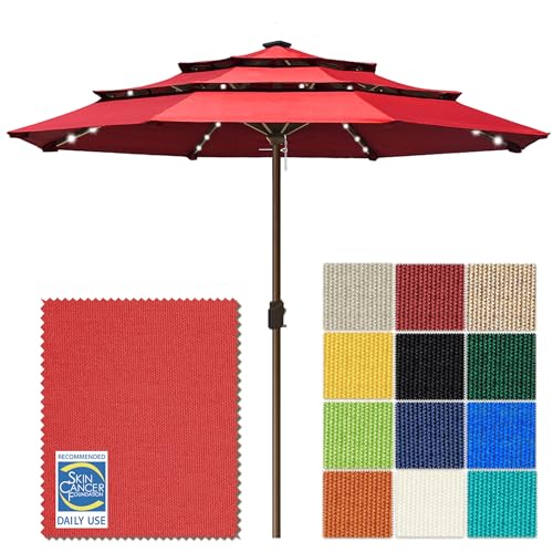 USA 10-Year-Non-Fading 10ft 3-Tier Market Patio Umbrella, Commercial Table Umbrella with 80 Solar LED Lights, Crank Open, Windproof & UPF 50+ UV Protection for Garden, Deck, Pool, Backyard, No Tilt, Logo Red (Logo Red / 10FT(Triple Vents No Tilt))