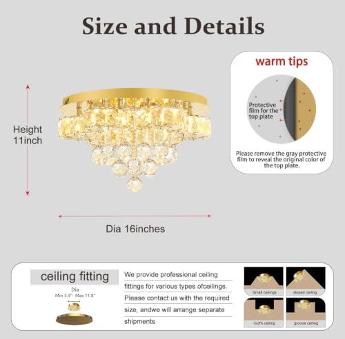 16" Gold Crystal Chandelier Semi Flush Mount Ceiling Light Crystal Close to Ceiling Light Fixtures for Bedroom Living Room Kitchen Hallway Dimmable Lighting 2700k 4500k 6000k (Gold / 16inch)