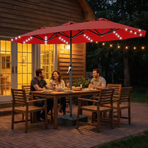 13 FT Patio Umbrella with Solar Lights (Red / 6.5x13 Ft)