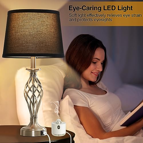 Table Lamp for Bedroom Set of 2 with USB C+A Ports (Silver Base + Black Lampshade)