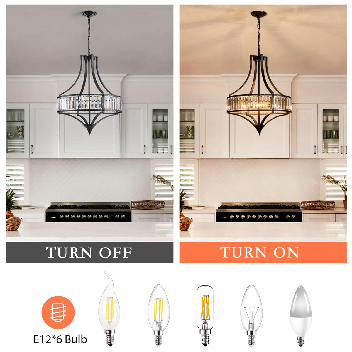 Crystal Chandeliers for Dining Room Rustic Farmhouse Chandelier with Round Metal Shade 6 (21.6"-Black)