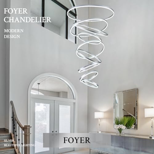 9 Rings D39.4in Modern LED Chandelier Silver Dimmable High Ceiling Foyer Chandeliers Entryway with Remote Control for Staircase Entryway Living Room Foyer (Silver / 9 Rings 39.4in)