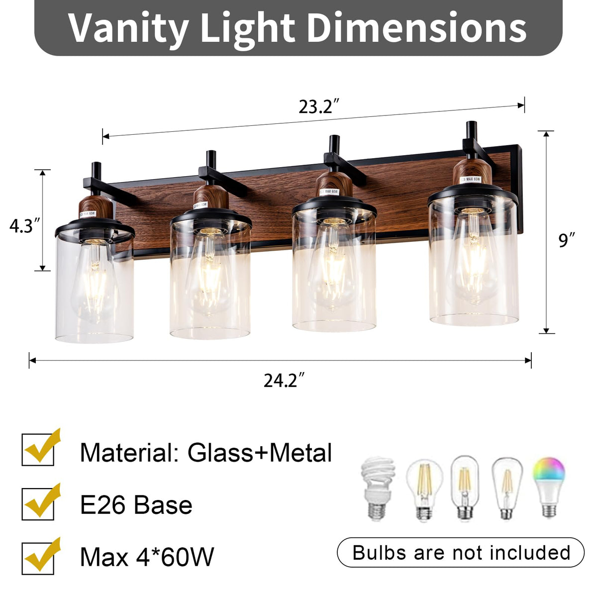 4 Light Farmhouse Bathroom Light Fixtures Vintage Bathroom Vanity Lights Over Mirror Black and Wood Painted Metal Vanity Light for Bathroom with Glass Shades E26 Socket (Black and Wood-painted / 4-Light)