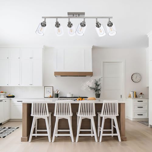 6 Light Track Lighting Kit Brushed Nickel Kitchen Track Lighting Fixtures Ceiling Mount Bathroom Vanity Wall Scones Light Fixture with Clear Glass (Brushed Nickel / 6-Light)