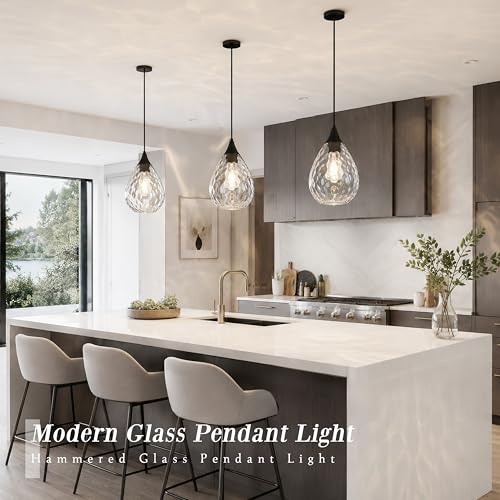 Black Glass Pendant Lights Kitchen Island 8" Pendant Light Hammered Clear Glass 3 Pack Height Adjustable Modern Hanging Pendant Lights for Dining Room Bedroom Hallway Sink Bulbs Incl (Black, 3 PK / 8 Inch)