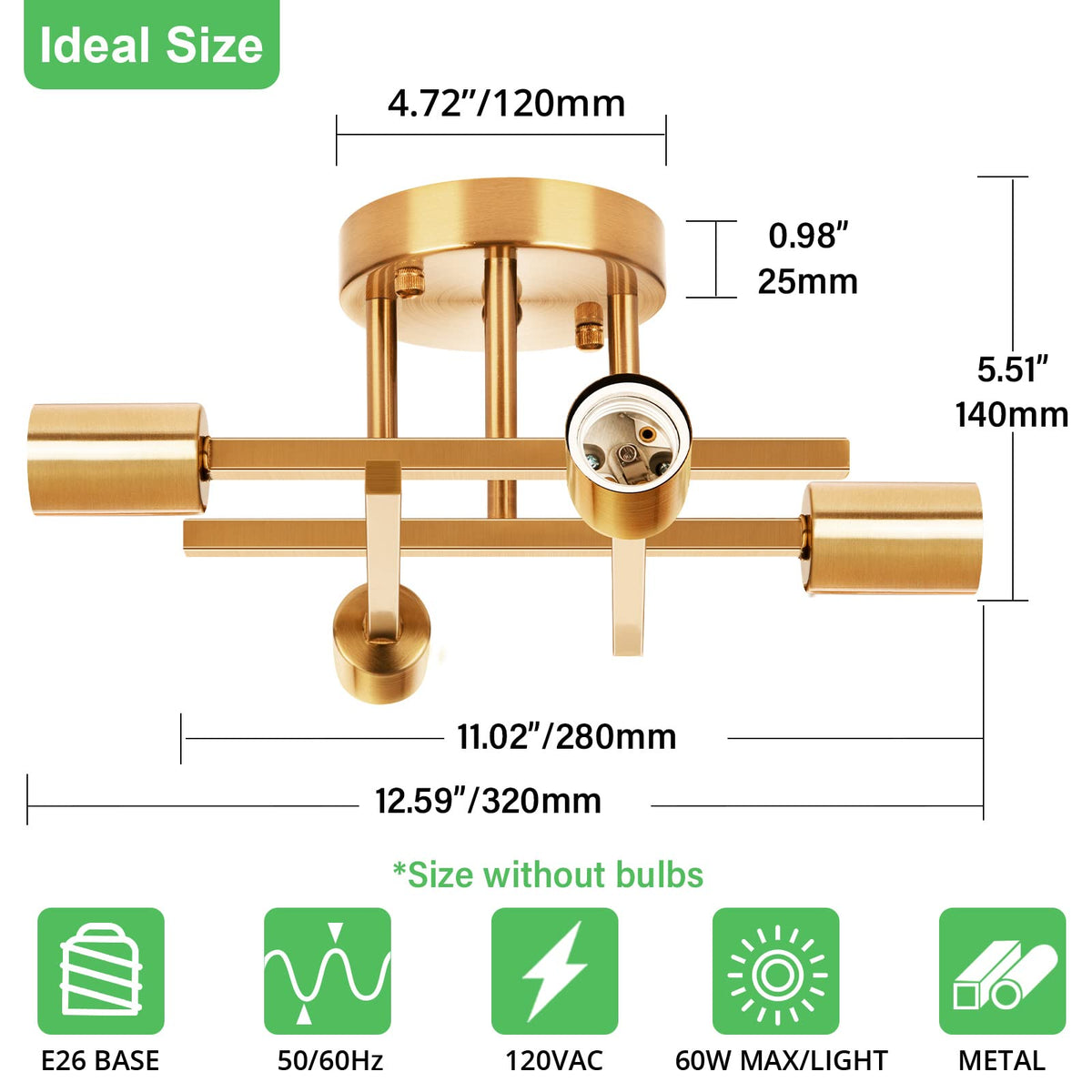 4 Light Semi Flush Mount Ceiling Light (Gold / Large)