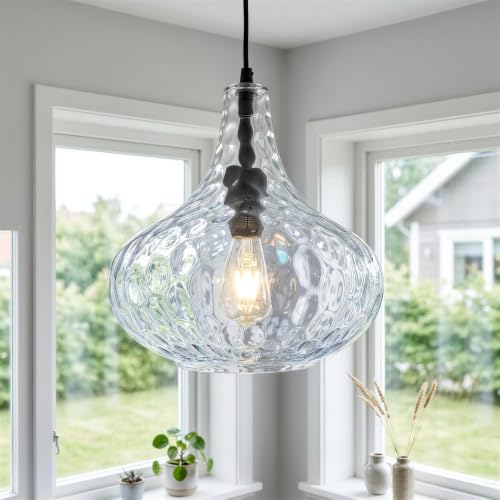 11" Hammered Glass Pendant Lights Kitchen Island Black (Black-Water ripples / 1-Light)