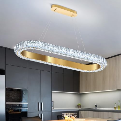 32'' Oval Ring Crystal Chandelier Modern LED Dimmable Ring Pendant Light Chandelier for Dining Room Living Room Gold (Gold / 1 Ring Oval 32")