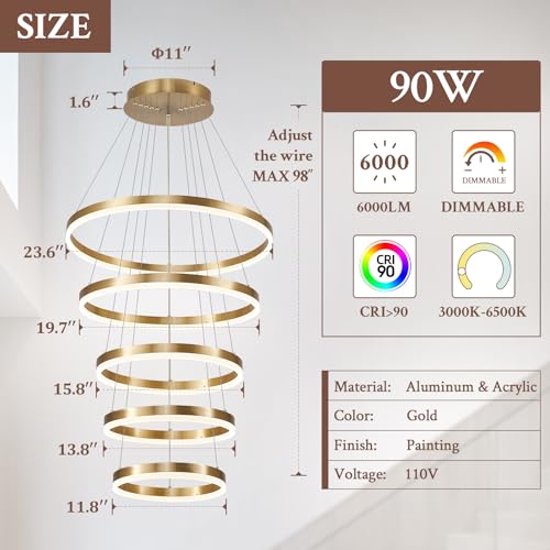 Modern LED Chandelier for Foyer Dimmable Gold High Ceiling Chandeliers Foyer with Remote Control for Entryway Dining Room Living Room Staircase (Gold / 5 Rings 23.6in)
