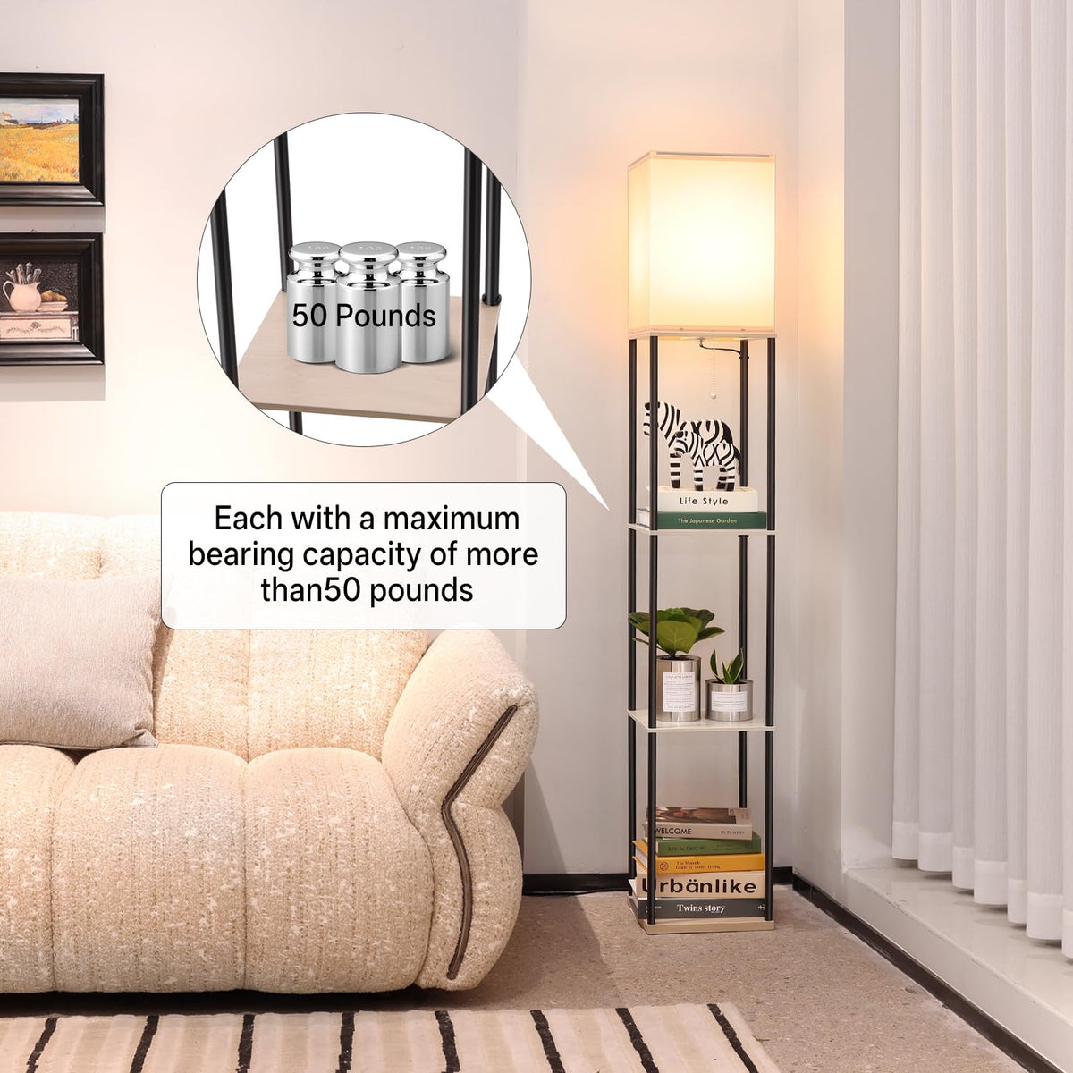 Floor Lamp with Shelves (Beige+Black-1 Pack)