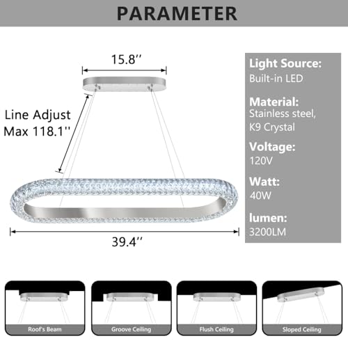 40'' Oval Ring Crystal Chandelier Modern LED Dimmable Ring Pendant Light Chandelier for Dining Room Living Room Silver (Silver / 1 Ring Oval 40")