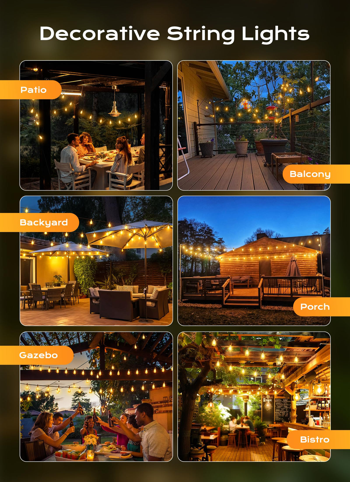 Outdoor String Lights Patio Lights 100FT ST38 Waterproof Dimmable (Black / 100FT)