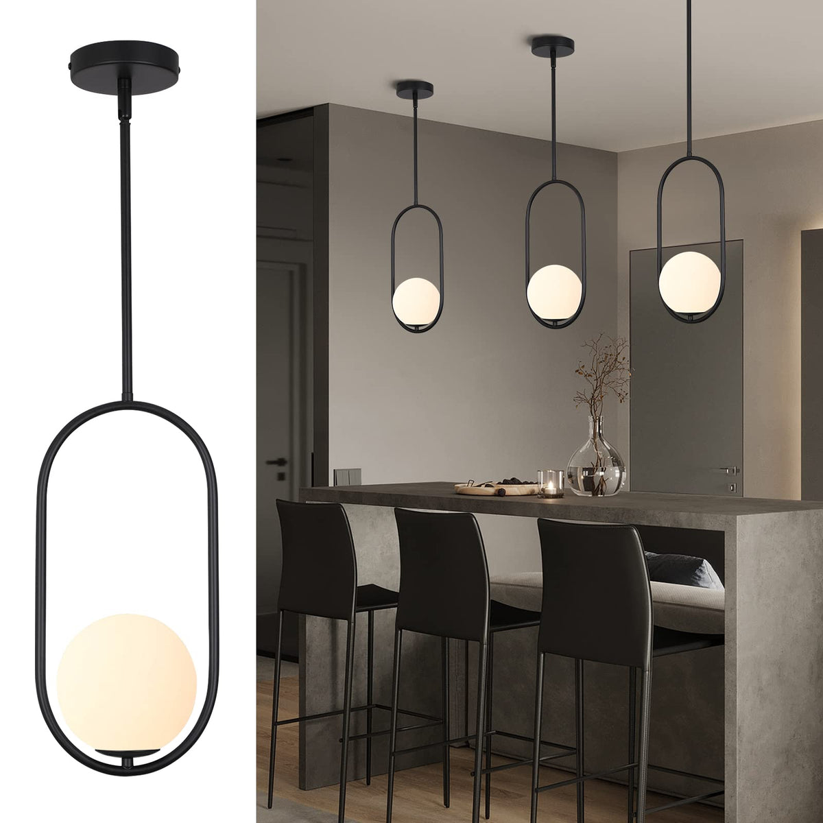 Modern Pendant Lighting One Light Chandelier Globe Black Pendant Light Indoor Hanging Light Fixture for Kitchen Island Dinning Room Bedroom (milky black)