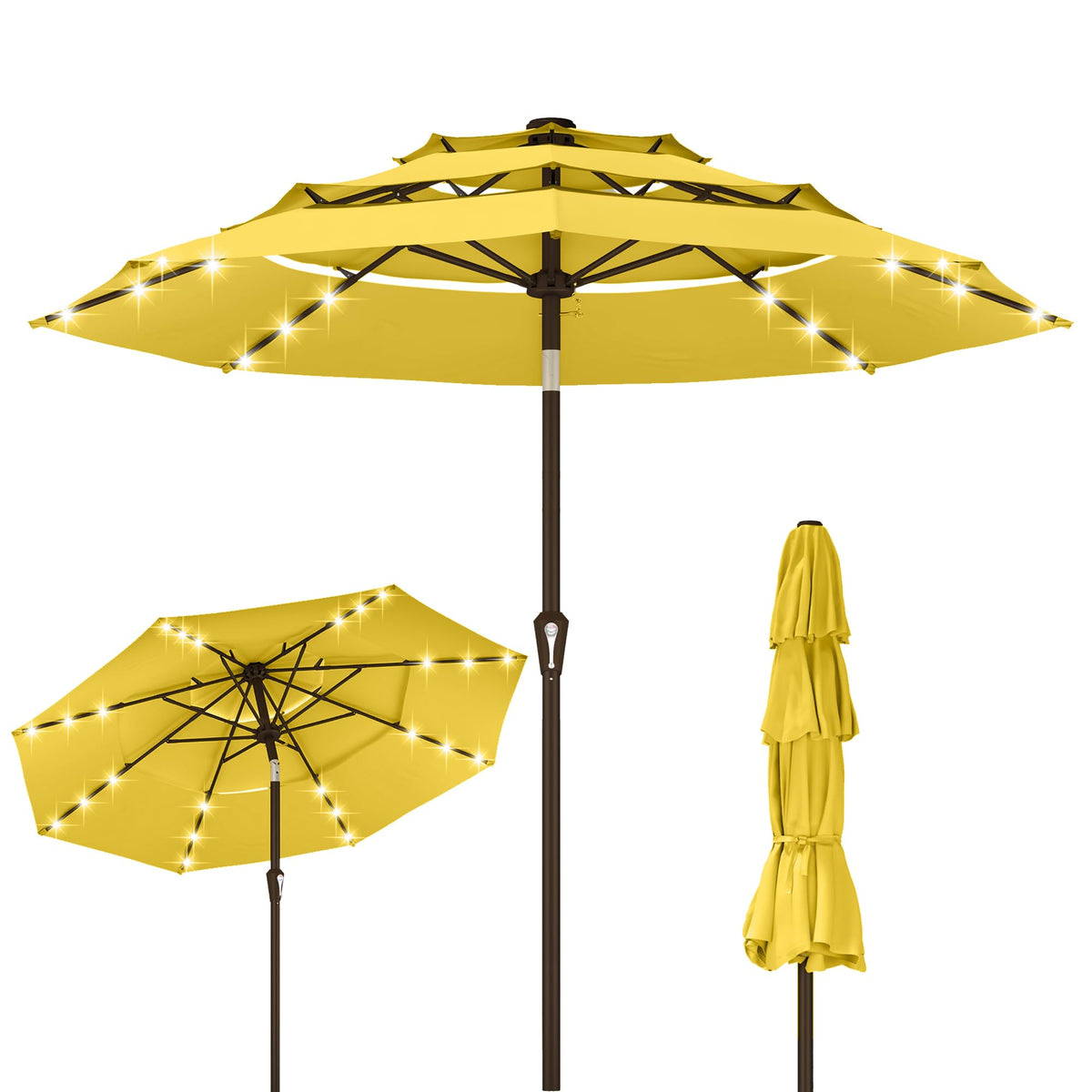 9ft 3 Tier Patio Umbrella with Solar Lights (Yellow / 9 FT)