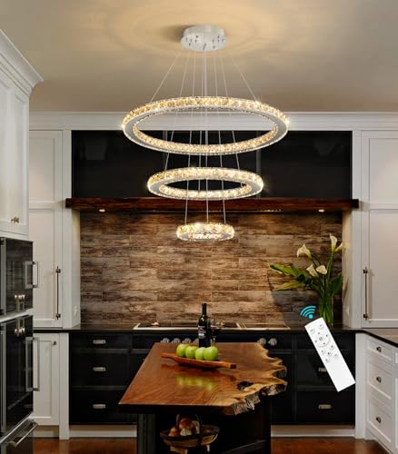 Modern Crystal Chandelier Dimmable LED Ceiling Light Fixture 3 Ring Adjustable Stainless Steel Chandeliers for Dining Room Living Room Bedroom Silver (Silver / 3-Ring 24")