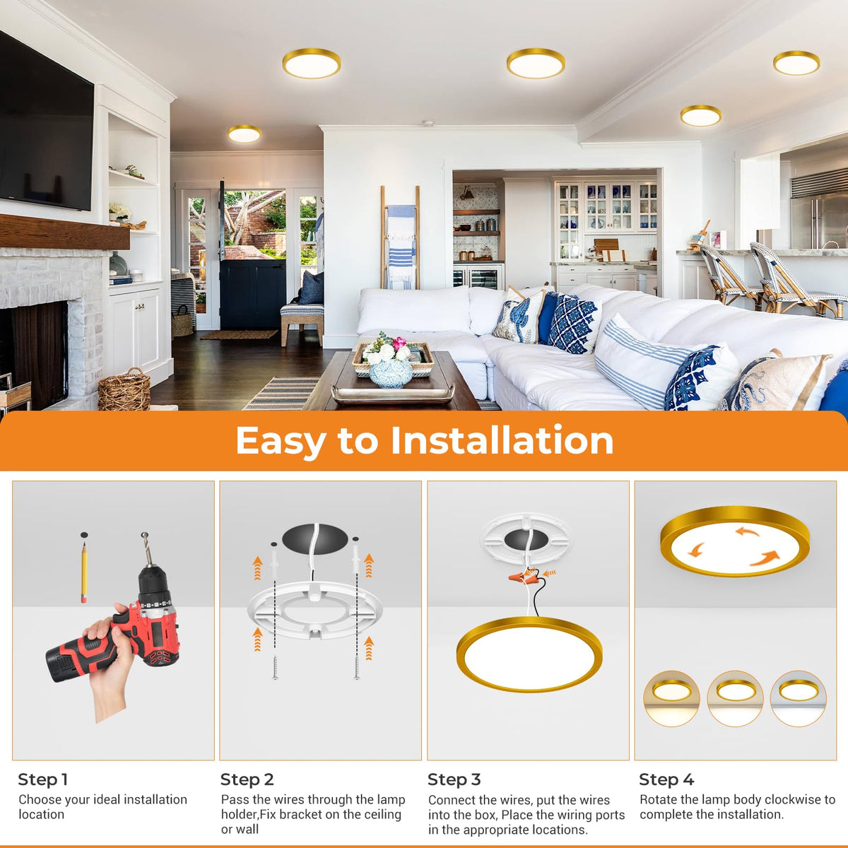 3 Pack Flush Mount Ceiling Light (Glod / 9Inch-3Packs)