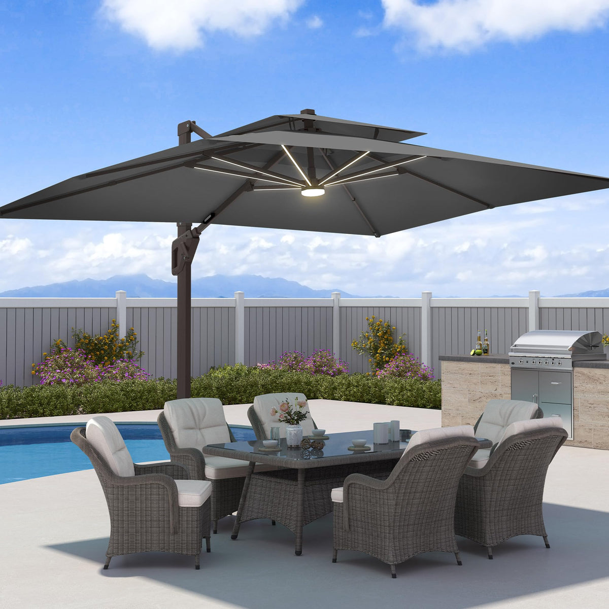 9x12 FT Patio Cantilever Outdoor Umbrella with Base and LED Lights (Grey)