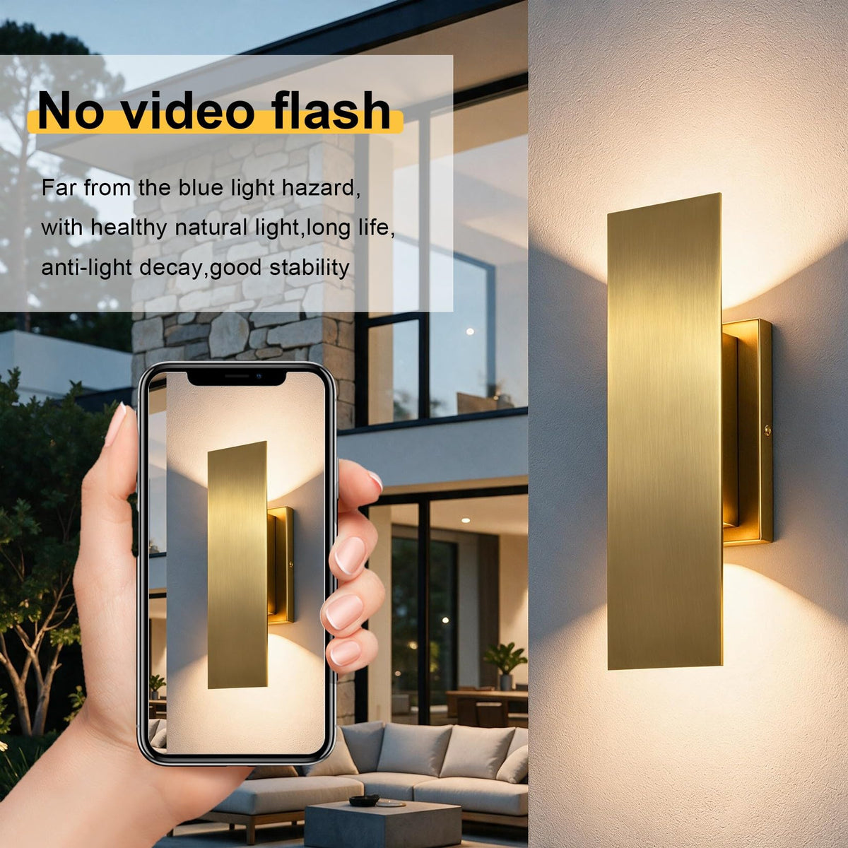 2 Pack Brass Outdoor LED Up Down Wall Sconces (Brushed Gold)