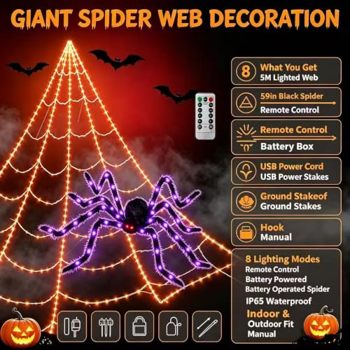 Halloween Spider Web Lights Outdoor 200in LED Giant Yard Decor with Timer