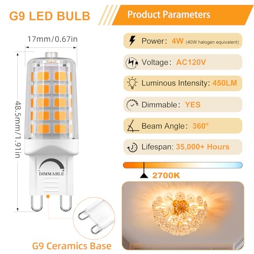 Dimmable G9 LED Bulb 4W T4 2700K Soft Warm White 12Pack 120V