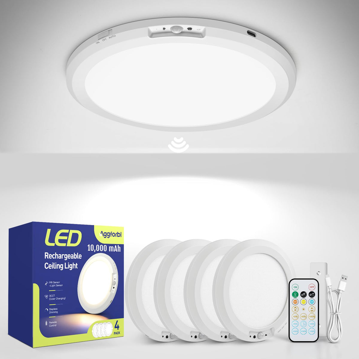 10000mAh Rechargeable Ceiling Light Waterproof Shower Light 4 Pack (White / 4 Pack)