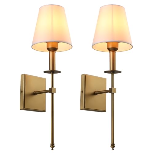 Set of 2 Classic Rustic Industrial Wall Sconce Lighting Fixture with Flared White Textile Lamp Shade and Antique Brass Tapered Column Stand