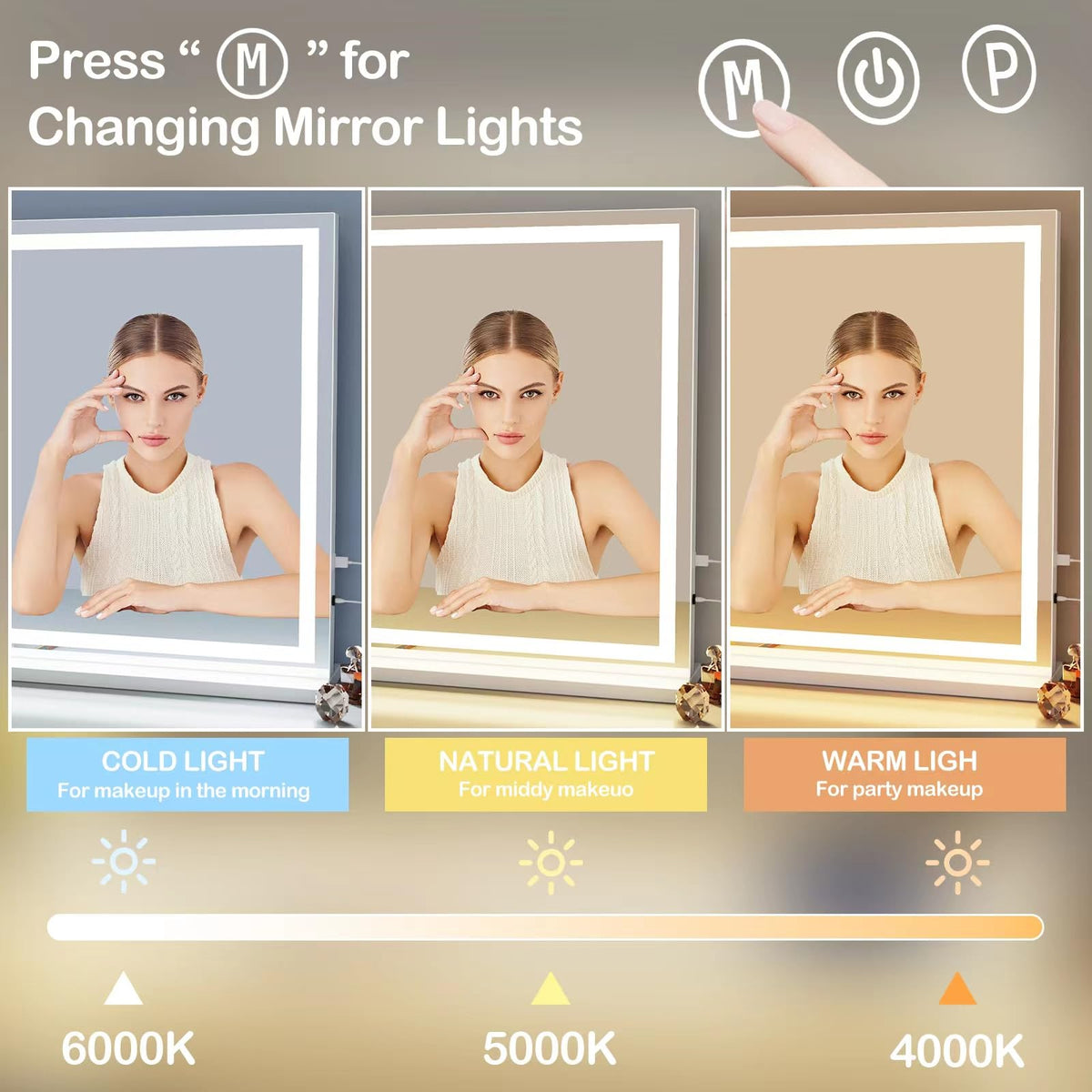 Makeup Vanity Mirror with Lights 20" L x 26" W Large LED Makeup Mirror (Round Gold Led / 20"L x 26"W)