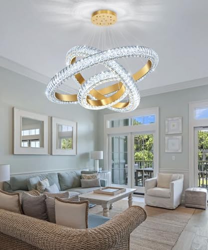 31.5" 3 Ring Crystal Chandelier Modern LED Dimmable Ring Pendant Light Round Chandelier for Dining Room Living Room Gold (Gold / 3 Ring Round 32")