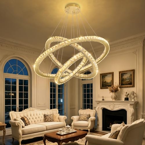 Crystal Chandelier Modern Dimmable LED Ceiling Light Fixture with Remote 3 Rings Stainless Steel Pendant Lighting for Living Room Dining Room Foyer Gold (Gold / 3-Ring 32")