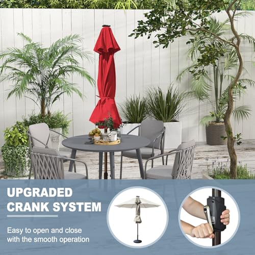 USA 10-Year-Non-Fading 10ft Market Patio Umbrella, Commercial Grade Table Sun Umbrella with 80 Solar LED Lights, Crank Open, Windproof & UPF 50+ UV Protection for Garden, Deck, Pool, Backyard, No Tilt, Logo Red (Logo Red / 10FT(Single Vent No Tilt))