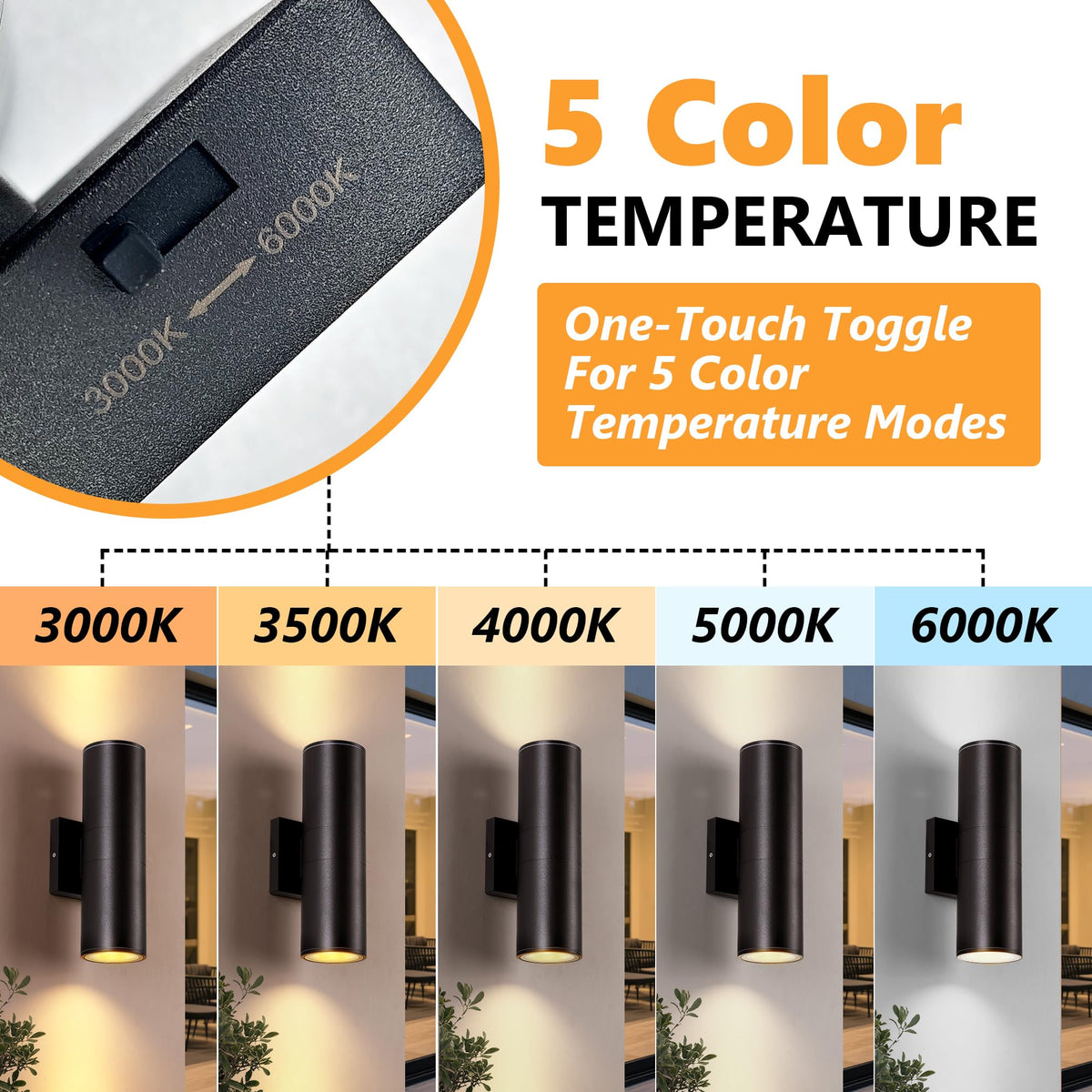 5CCT Dimmable Wall Lights Outdoor 2 Packs (Black)