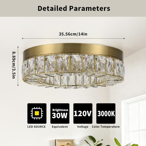 Crystal LED Flush Mount Ceiling Light Fixtures Modern Solid Gold LED Chandelier Lighting for Kitchen Closet Hallway Bedroom Foyer Laundry Room (14" Flush Mount GD)
