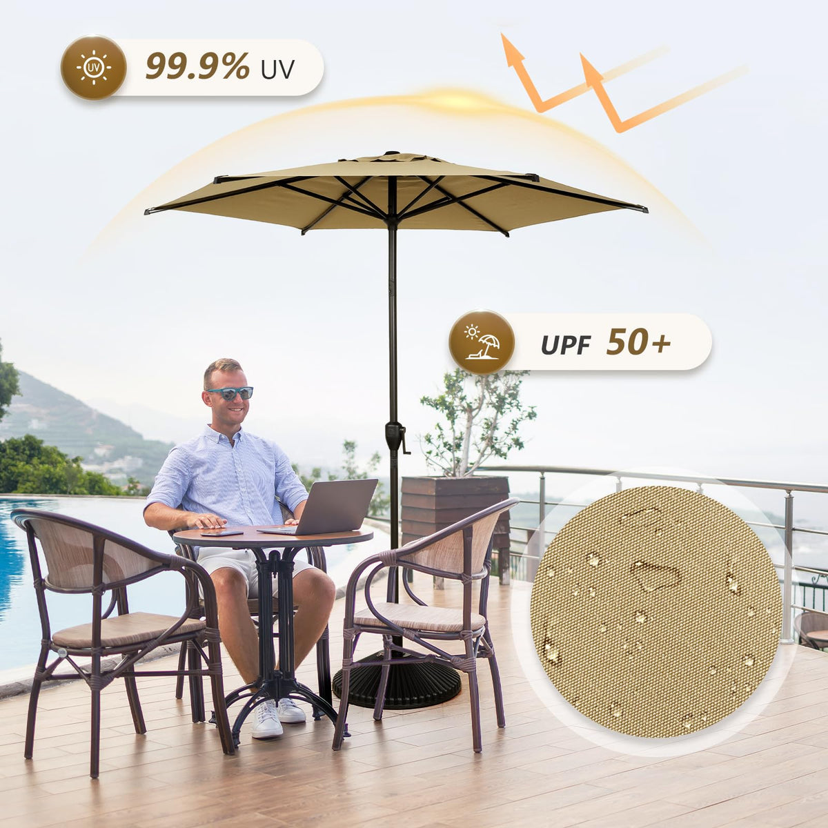 7.5FT Lyon Outdoor Patio Umbrella Outdoor Table Umbrella with Push Button Tilt and Crank Market Umbrella 6 Sturdy Ribs UV Protection Waterproof for Garden Deck Backyard Pool Tan (7.5 FT(6 Ribs) / Tan)