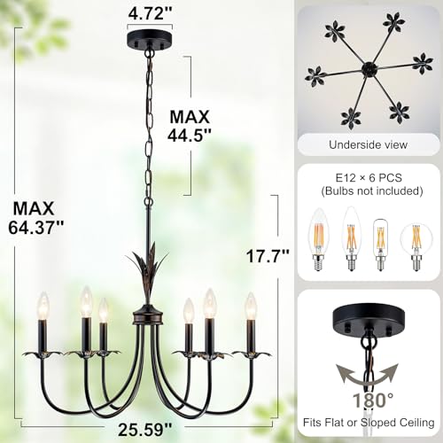 6 Light Flower Black Chandeliers for Dining Room (Black)