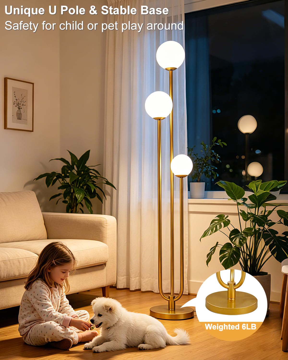 3 Light Dimmable Globe Floor Lamp (Gold-3U)