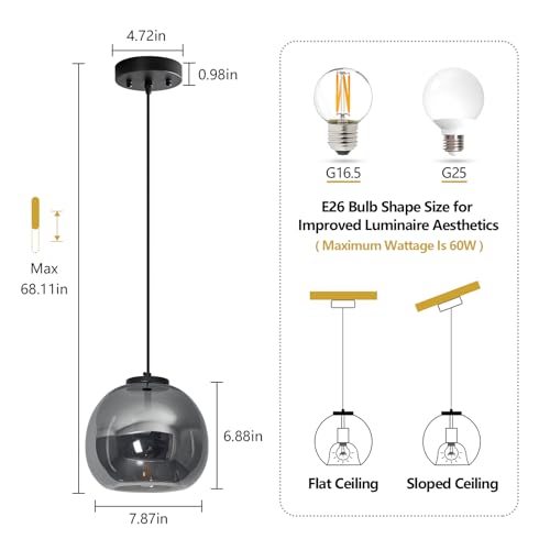 Mirror Smoke Gray Glass Pendant Lights Kitchen Island (Mirror Smoke Gray(7.87 in) / 3-Pack)