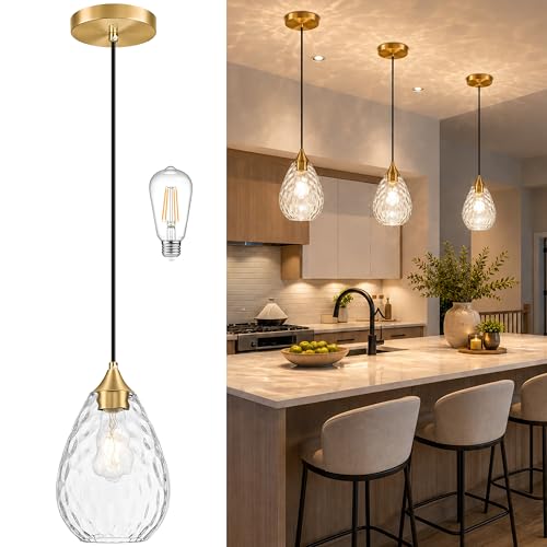 Gold Glass Pendant Lights Kitchen Island 6.3" Pendant Light Fixtures Hammered Clear Glass Height Adjustable Modern Hanging Pendant Lights for Dining Room Bedroom Hallway Sink Bulb Incl (Gold, 1 PK / 6.3 Inch)