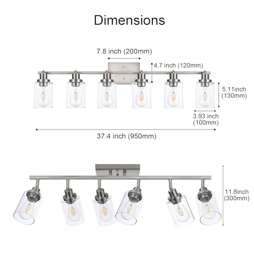 6 Light Track Lighting Kit Brushed Nickel Kitchen Track Lighting Fixtures Ceiling Mount Bathroom Vanity Wall Scones Light Fixture with Clear Glass (Brushed Nickel / 6-Light)