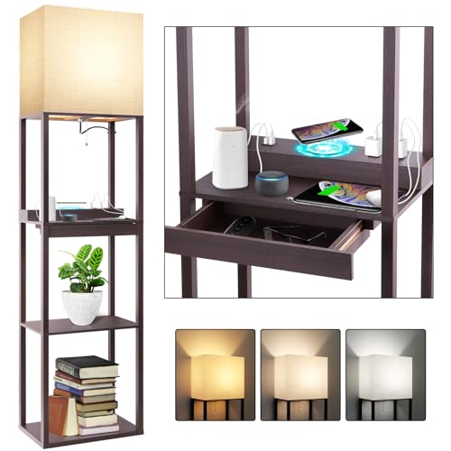 Floor Lamp with Shelves (Upgraded Plus- Walnut with Wireless Charger &USB Ports & Drawer)
