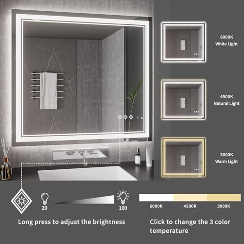 Bathroom Mirrors for Wall (Front and Backlit / 40"L x 36"W)