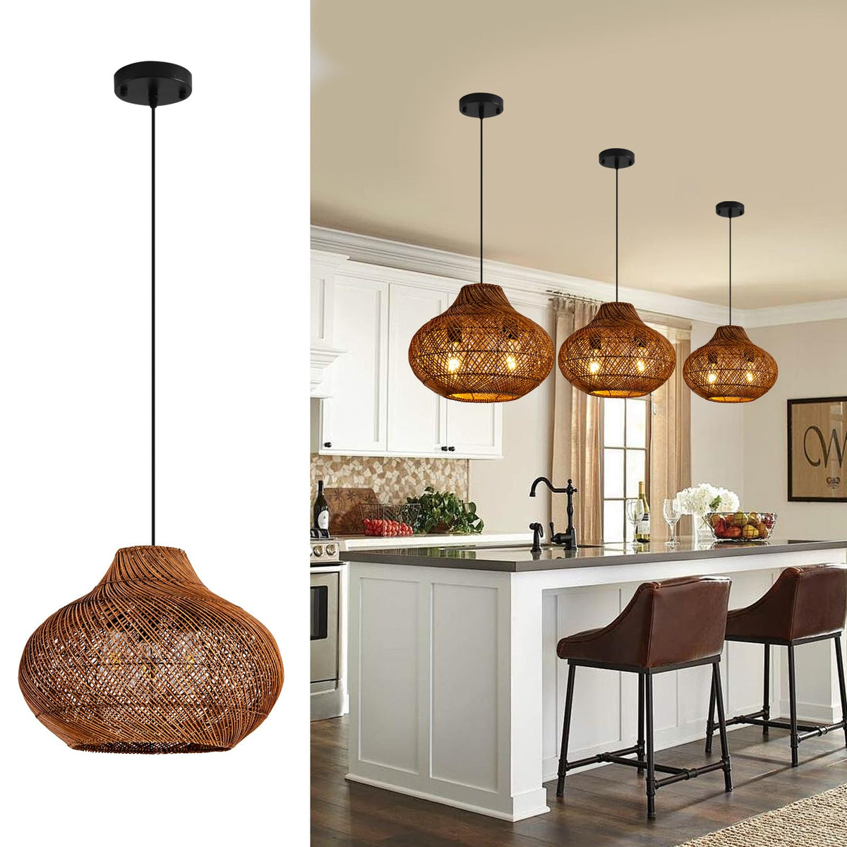 15" Rattan Pendant Light (Metal+Brown / 14.96" 2-Light)
