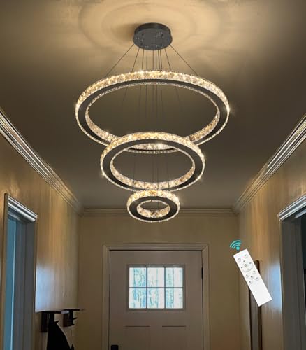 Modern Ring Crystal Chandelier Remote Dimmable LED Ceiling Light Fixtures Stainless Steel Pendant Lighting for Living Room Dining Room Bedroom