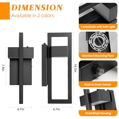 16.5'' LED Outdoor Wall Sconce Dusk to Dawn Black Exterior Lights (Black - Dusk to Dawn / 16.5Inch - 2 Pack)