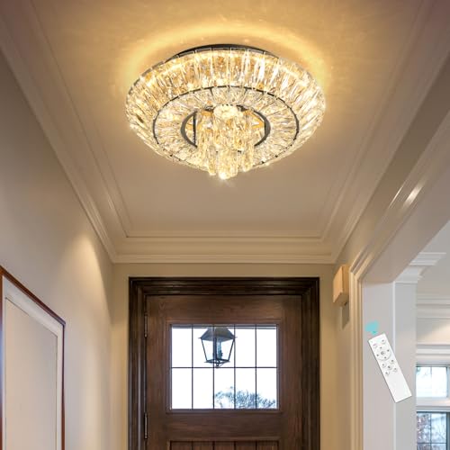 Crystal Chandelier Modern Round Ceiling Light Fixture LED Raindrop Chandeliers Dimmable with Remote for Dining Room Living Room Entryway Hallway Bedroom