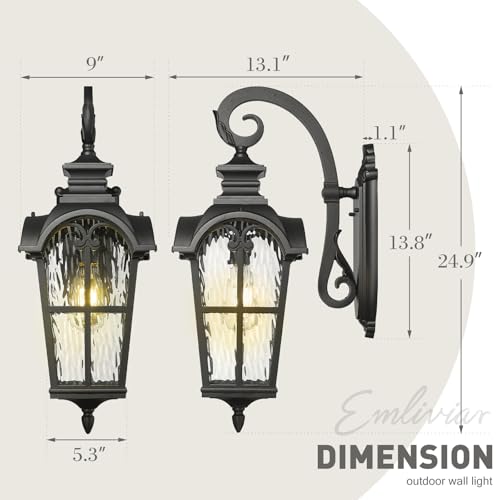 Porch Outdoor Wall Lantern (Black - Water Ripple Glass / 24.9 Inch - No Function)