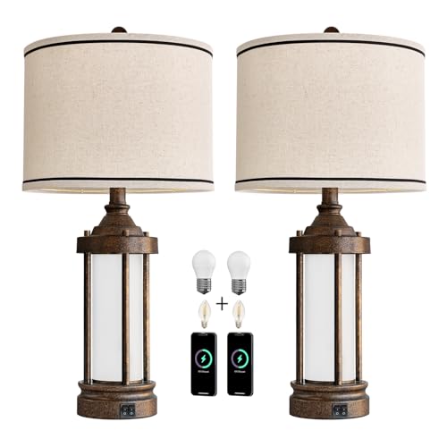 25'' Table Lamps Set of 2 for Living Room Bedroom Farmhouse Metal Lamps with 2 USB Ports (Antique Bronze)