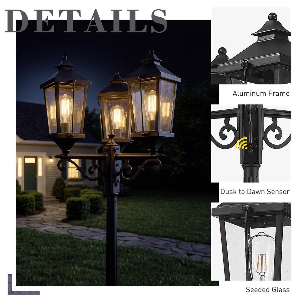 91 Inch 3 Light Black Post Light with GFCI Outlet (Black - Seeded Glass / 91 Inch - Dusk to Dawn+GFCI)