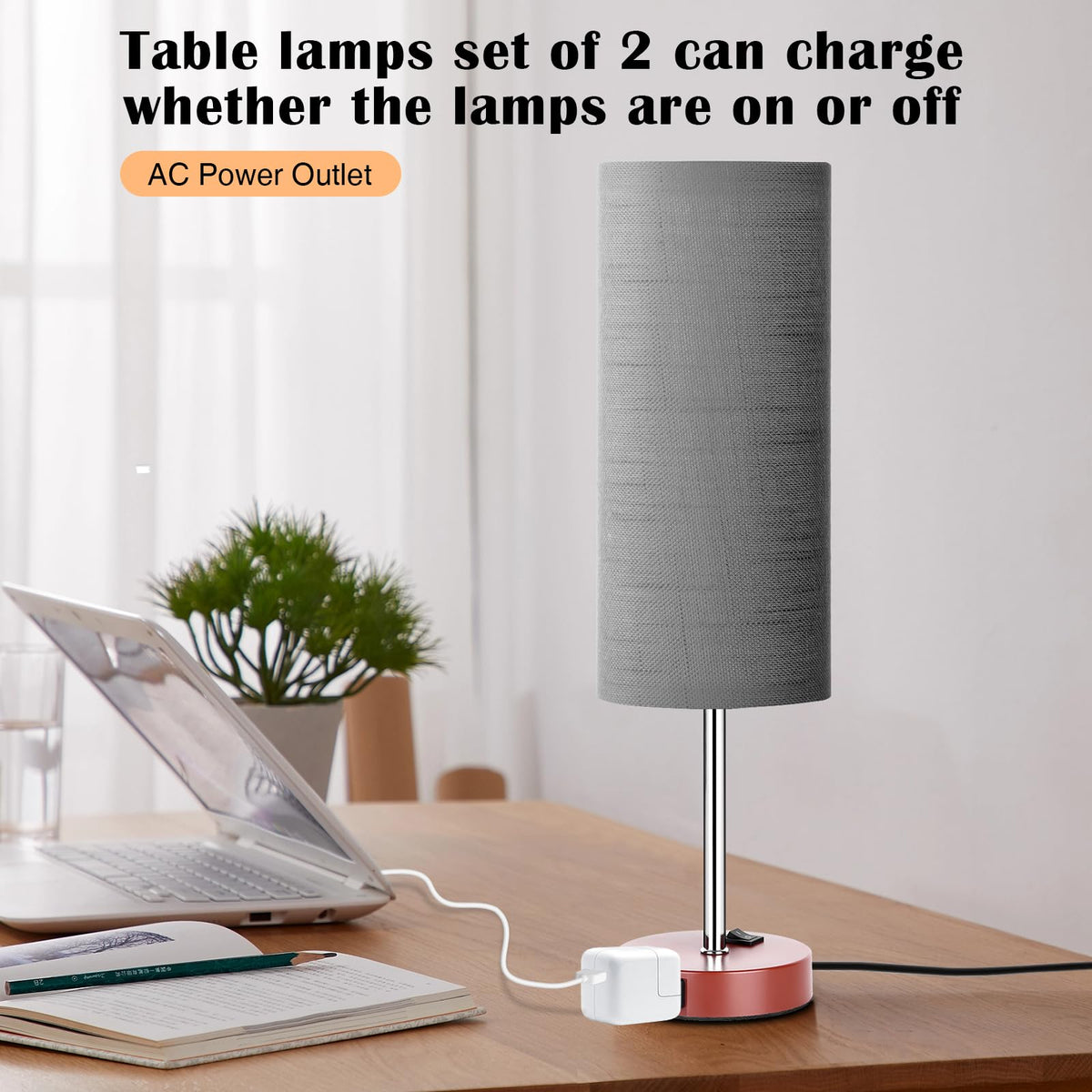 Table Lamp for Bedroom 2 Pack (Gray Fabric Shade Brown Base / 18inch)