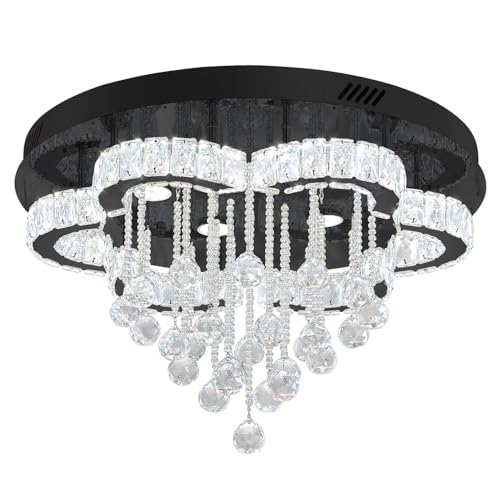 Modern Chandelier for Living Room 24 inch Raindrop Chandeliers Flush Mount Crystal Chandelier for Bedroom Dining Room LED Dimming 2700k 4500k 6000k (Black / 24inch)