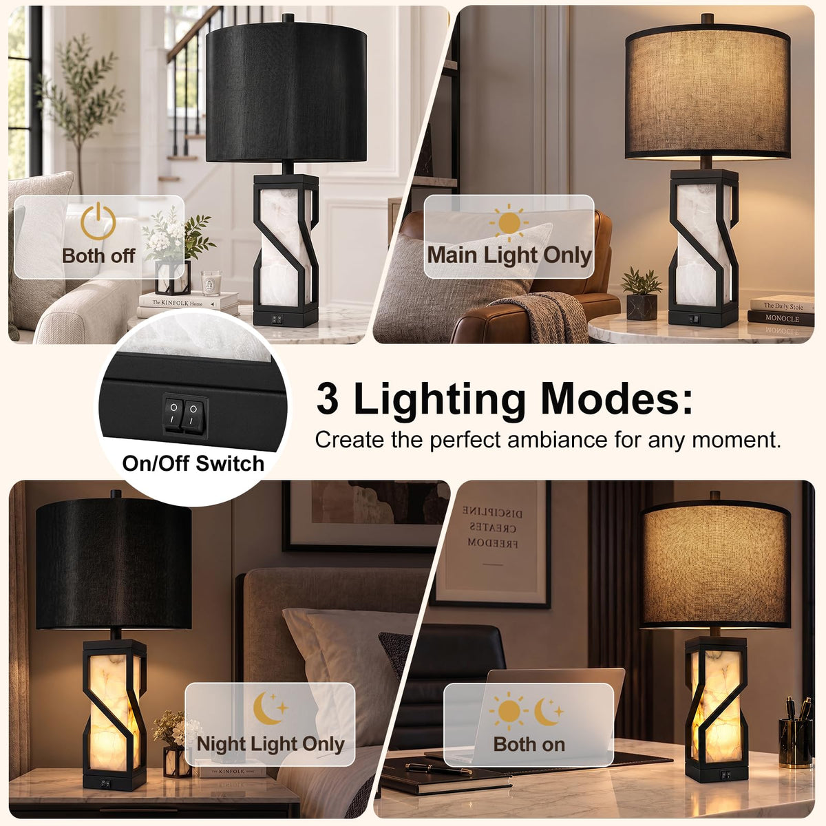 26" Alabaster Table Lamps Set of 2 with Night Light (Black)